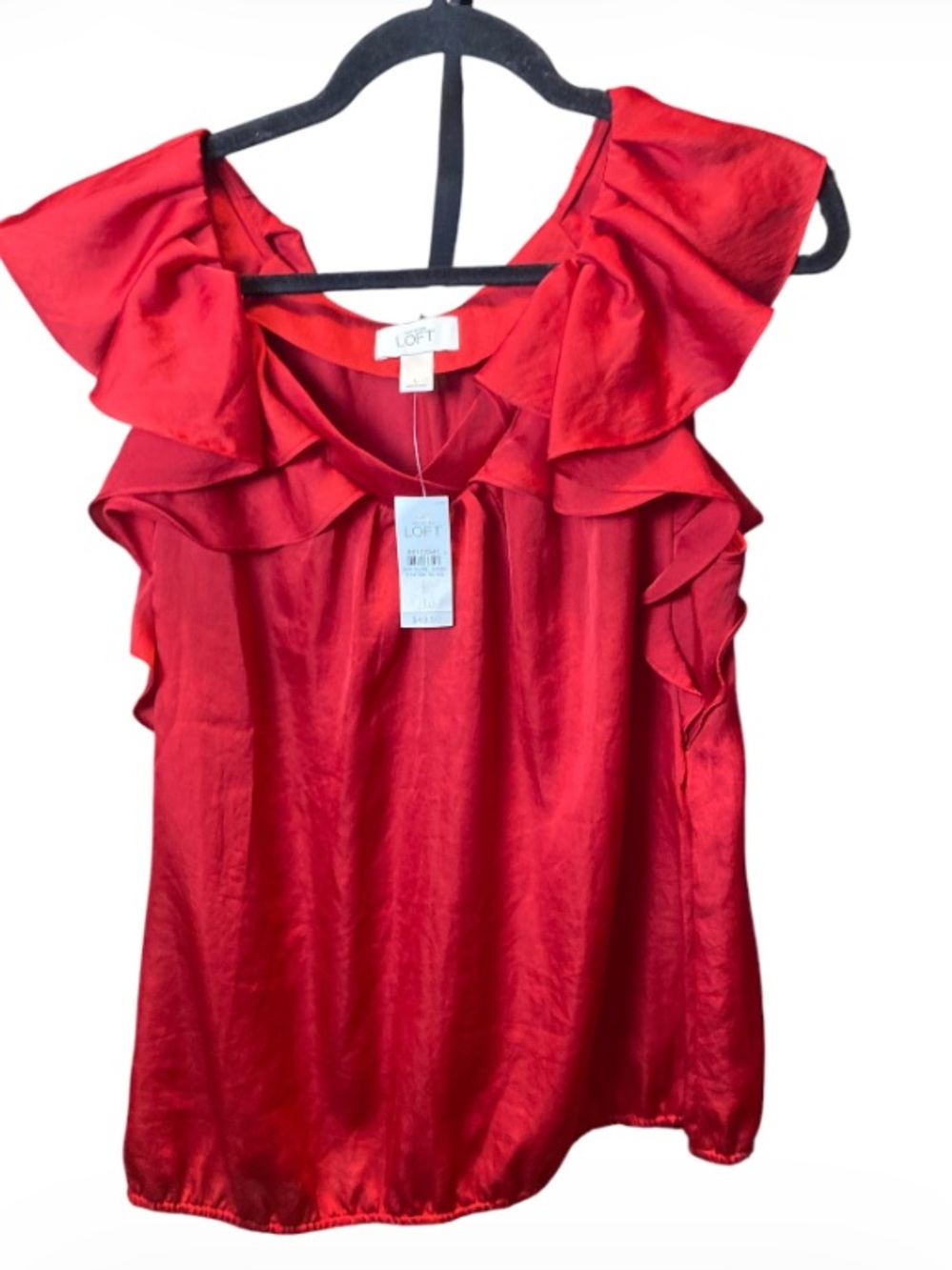 LOFT Red Ruffle Sleeve Satin Blouse